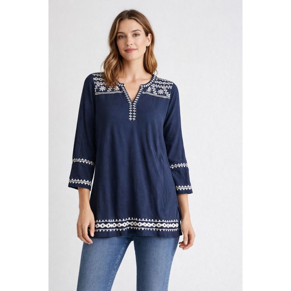 Lucky Brand Boho Embroidered Navy Tunic Top XS 3/4 Sleeve - Picture 2 of 13